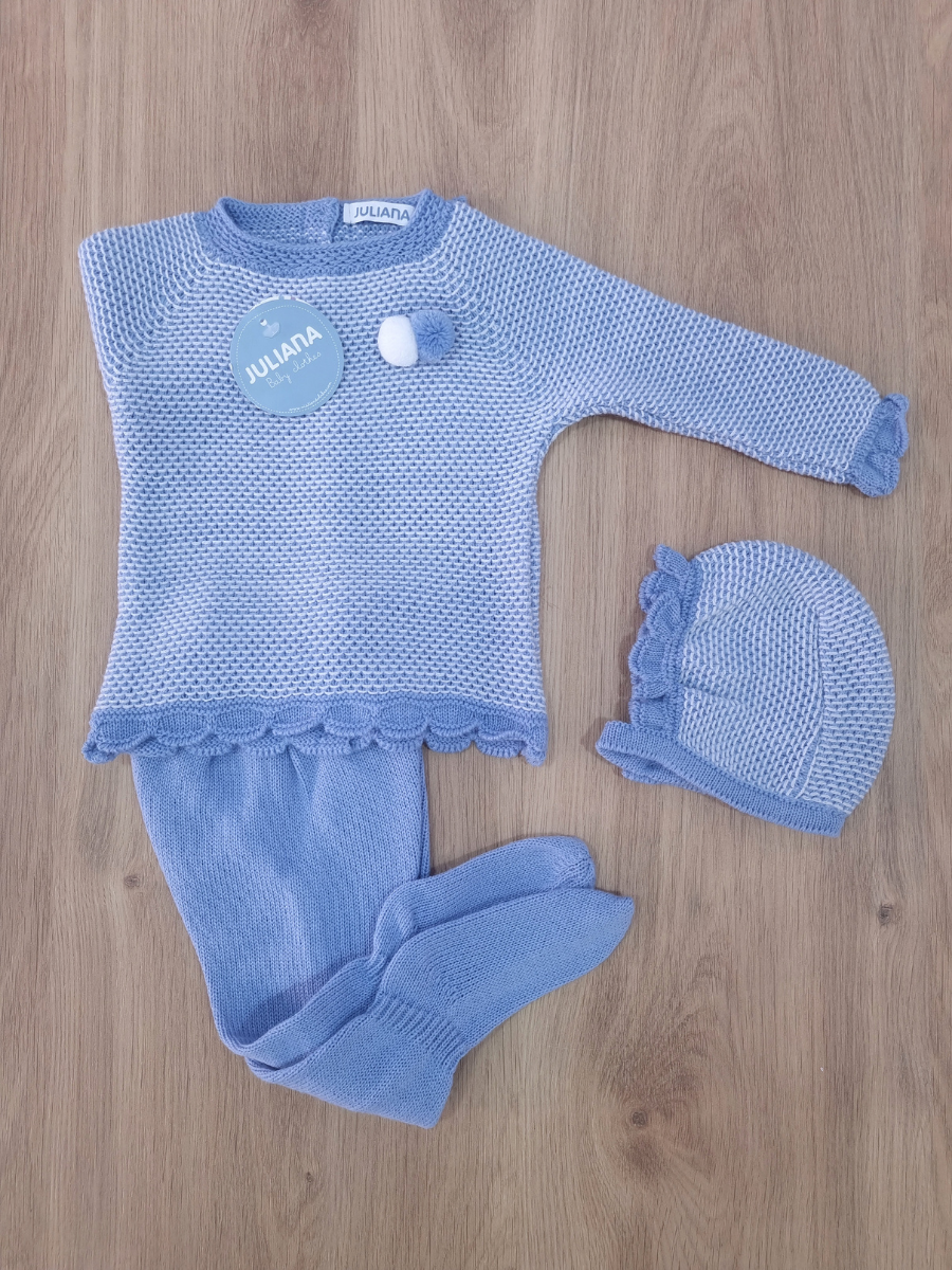 Conjunto Bordado Azul con pompones blanco y azul. 3M