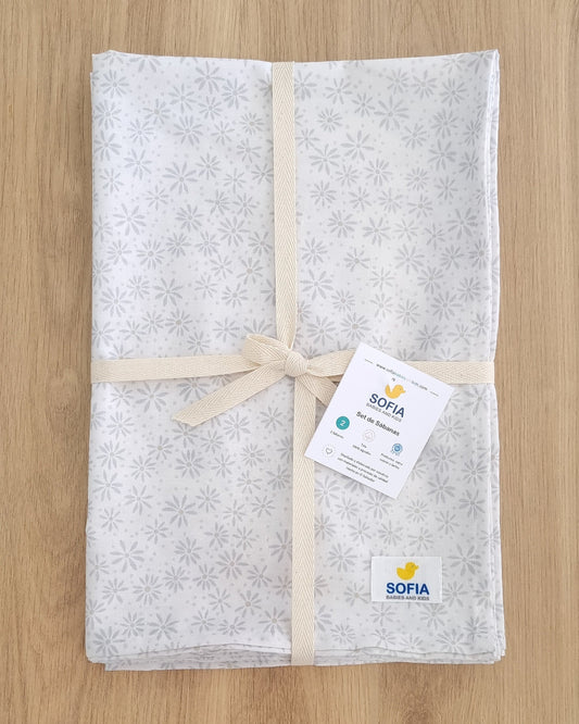 Set de 2 sábanas frescas. Flores Grises Percal