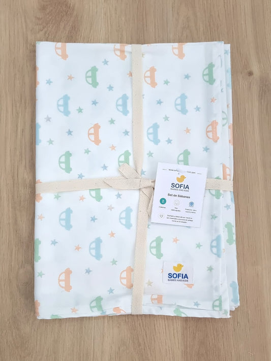 Set de 2 sábanas frescas. Carritos/Estrellas