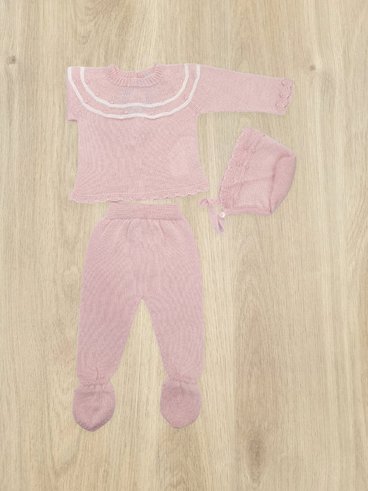 Conjunto Bordado Rosa Cuello 2 Líneas Blancas. 1M