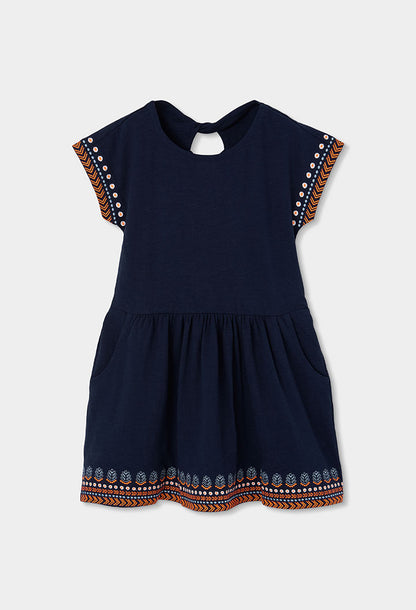 Vestido Azul Marino, Bordados Anaranjados