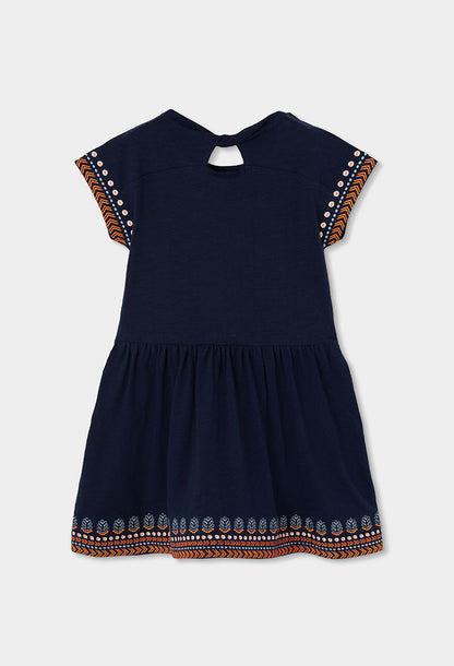 Vestido Azul Marino, Bordados Anaranjados