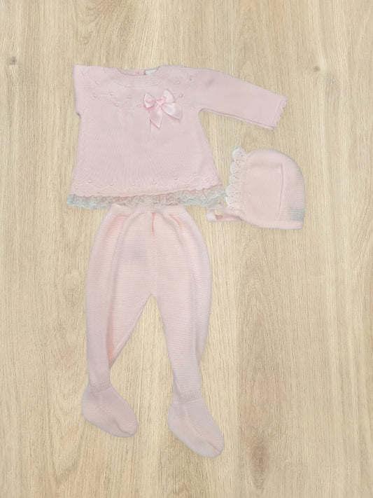 Conjunto Bordado Rosa Suave con Encaje y Chonguita. 6M