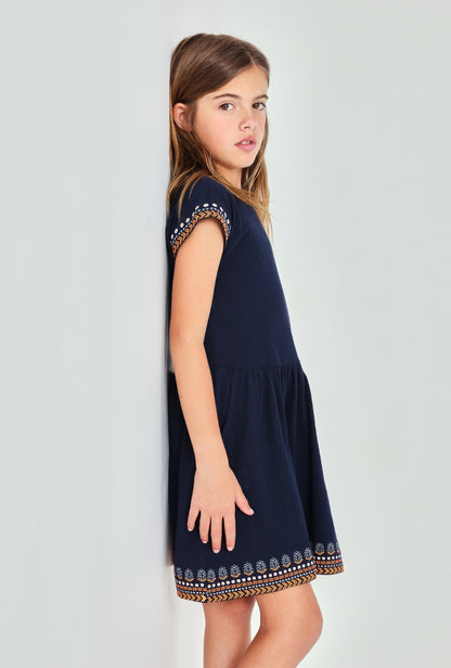 Vestido Azul Marino, Bordados Anaranjados