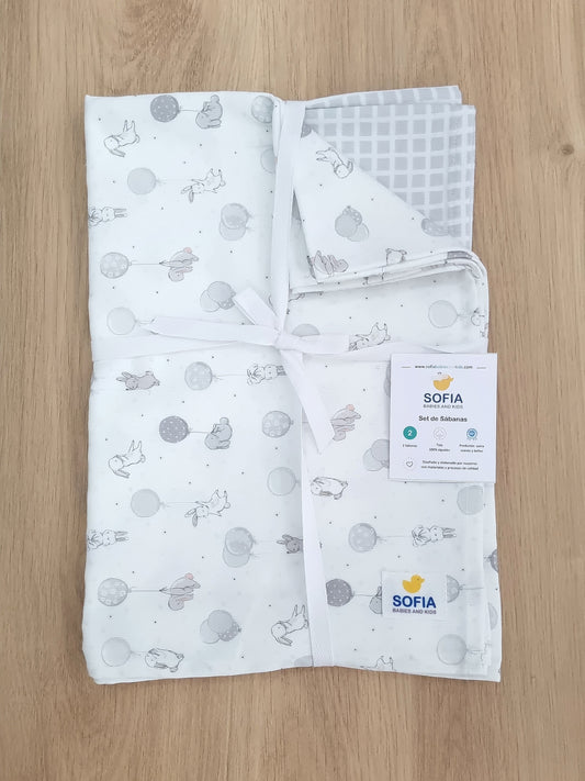 Set de 2 sábanas frescas. Conejitos y Cuadros Grises