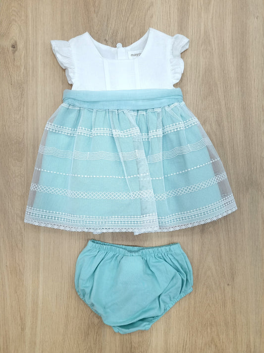 Vestido ceremonia blanco de lino con verde, con cubrepañal. 2-4M