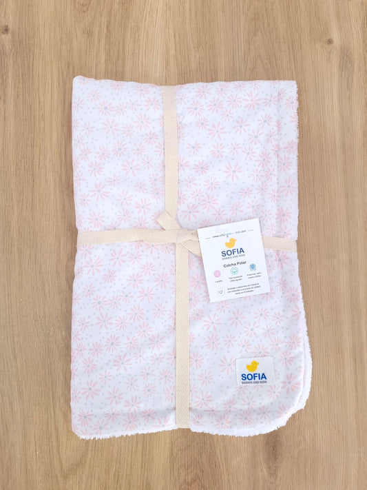 Colcha Polar. Flores Rosa Percal