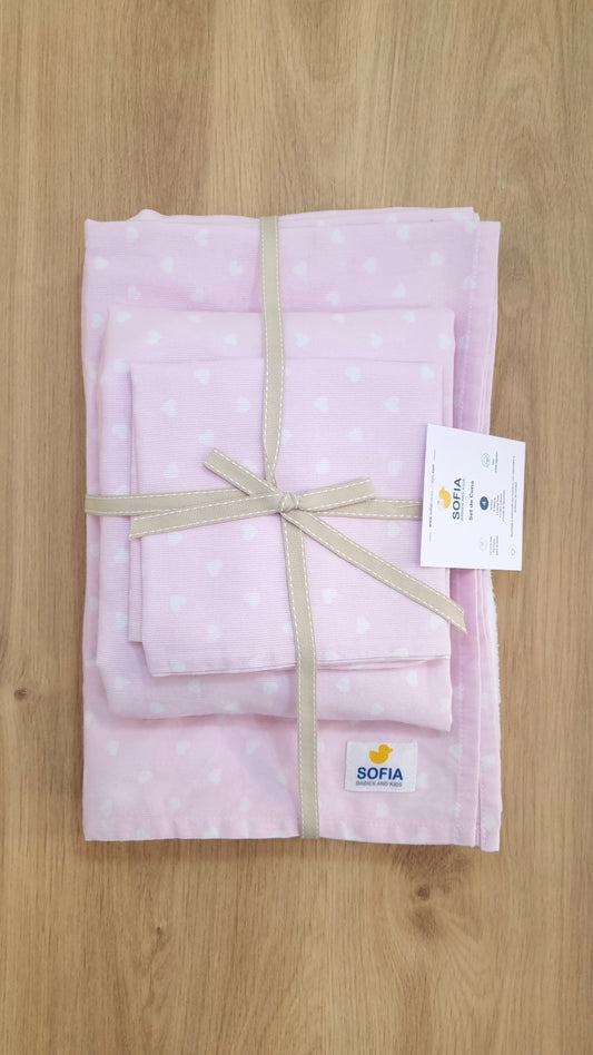 Set de Cuna Pequeño. Rosa Corazones Blancos
