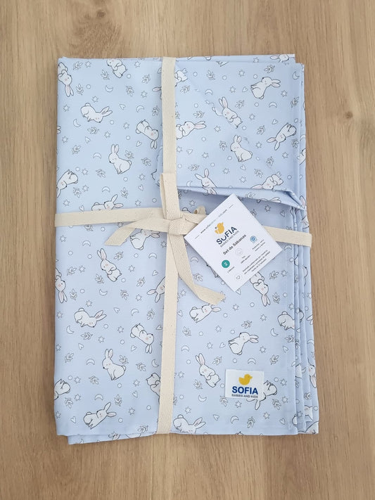 Set de 2 sábanas frescas. Azul con Conejitos