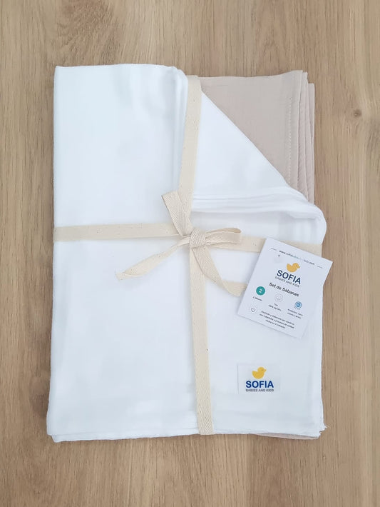 Set de 2 sábanas frescas. Muselina Cafe y Blanca